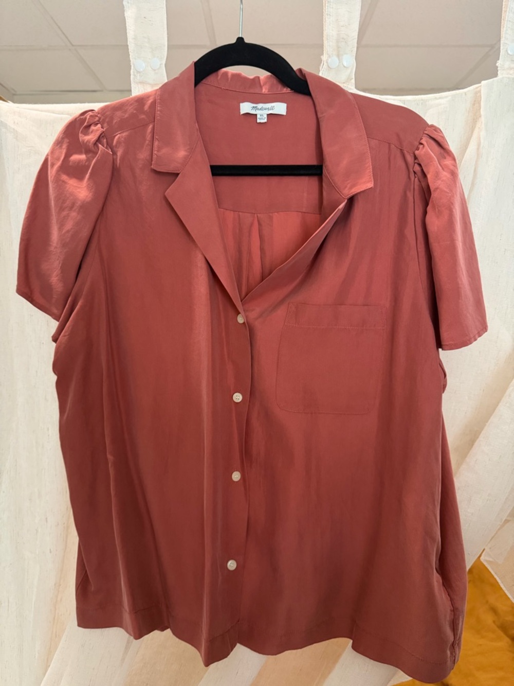 Madewell Rust Red Button-Front Silk Short Sleeve Shirt
